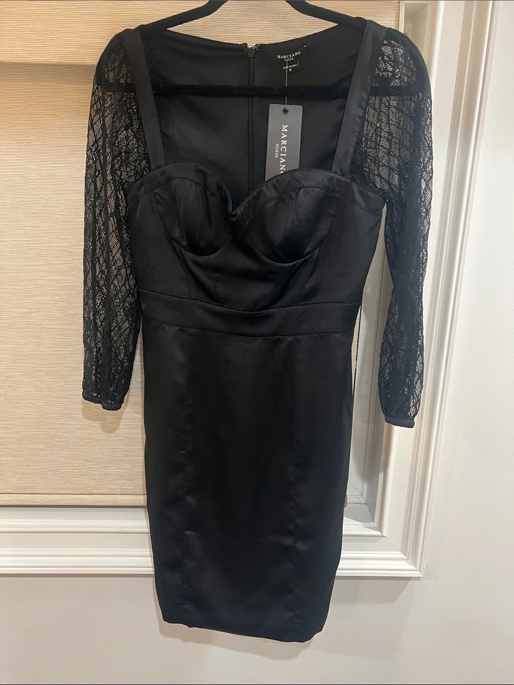 Marciano Eternal Love Dress Black Satin Sweetheart Sheath with Lace Sleeves